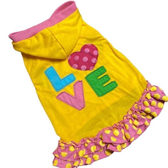 LOVE Embroidered Pink Yellow Polka Dot Dog Dress - Picture 1 of 6